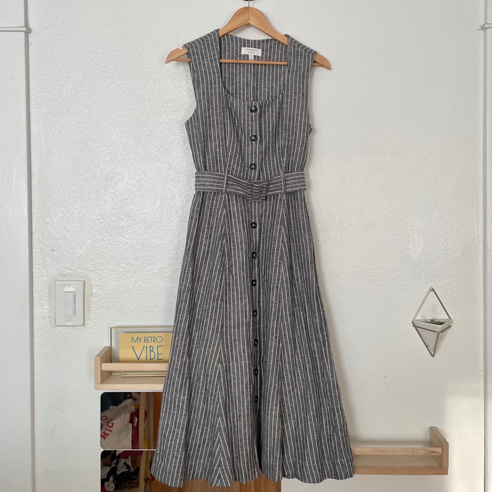 Banana Republic Linen Blend Striped Midi Dress Navy White Belted Button Front 2